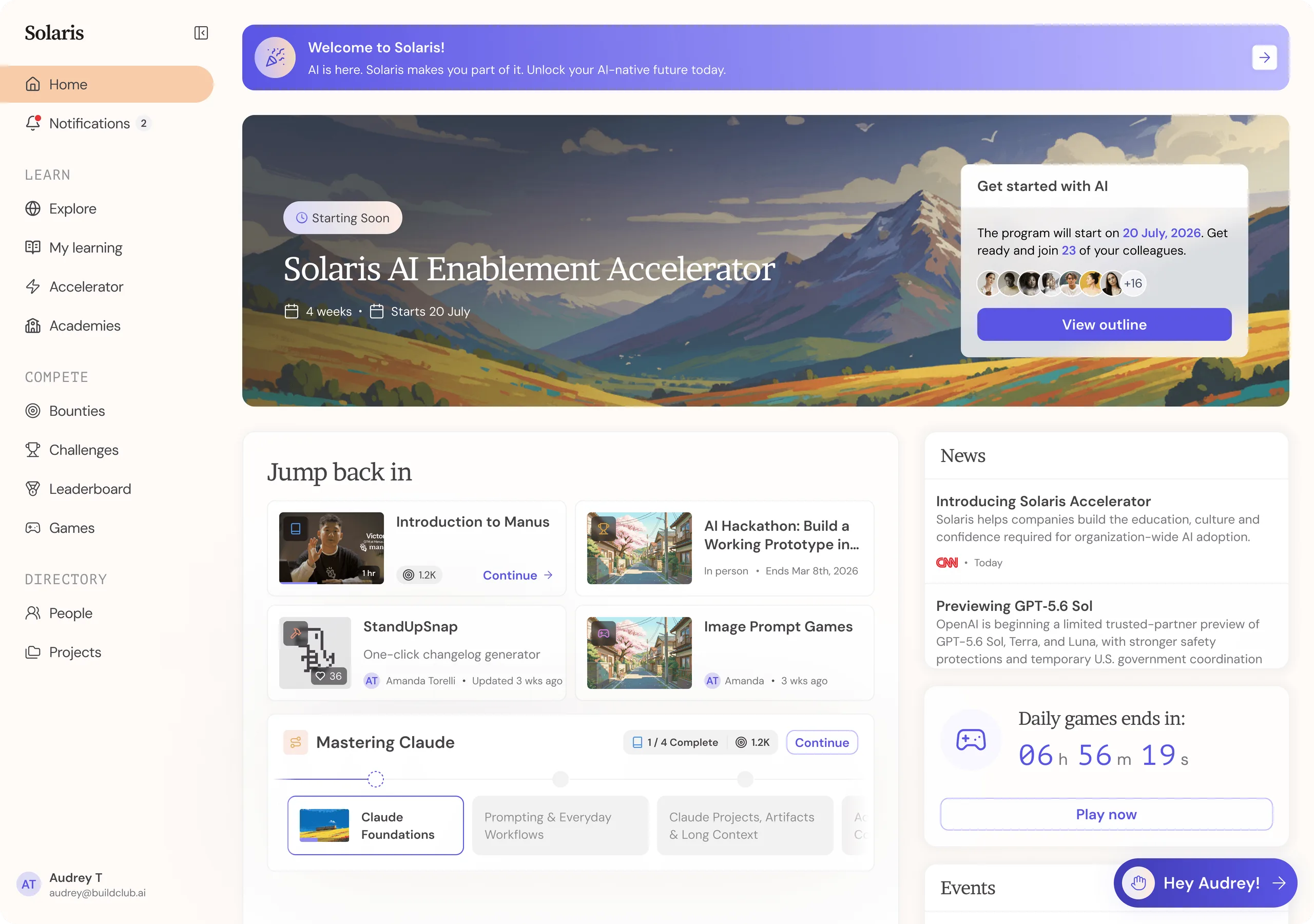The Solaris home screen with a live program, current learning, shared projects and company updates.
